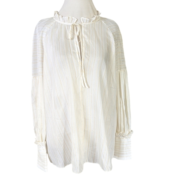 BCBG Top Large Metallic Shimmering New Off White Gold Striped Semi Sheer Boho - Picture 2 of 8